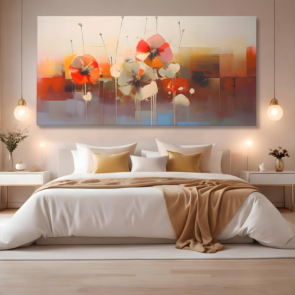 Tablou canvas cu tablou canvas cu pictura florala abstracta, fara rama, pe sasiu de lemn, pe perete intr-un dormitor